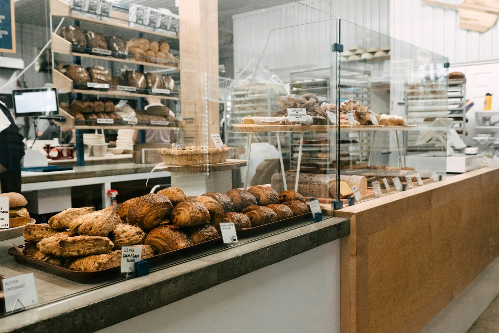 Bakery counter filled with fresh pastries